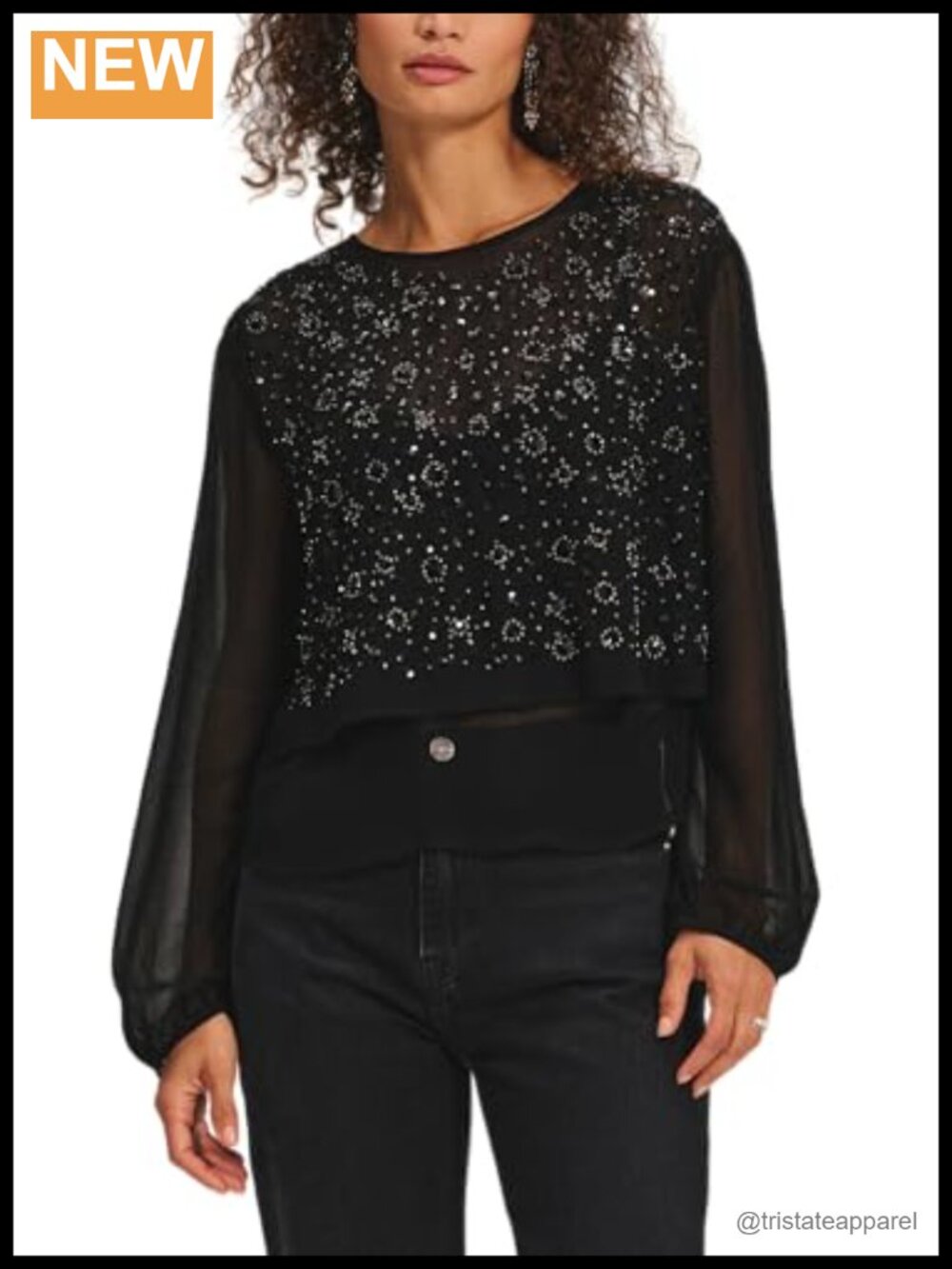 Sequin Blouse Long Sleeve Round Neck Blouse 100% Viscose Dry Clean Only
